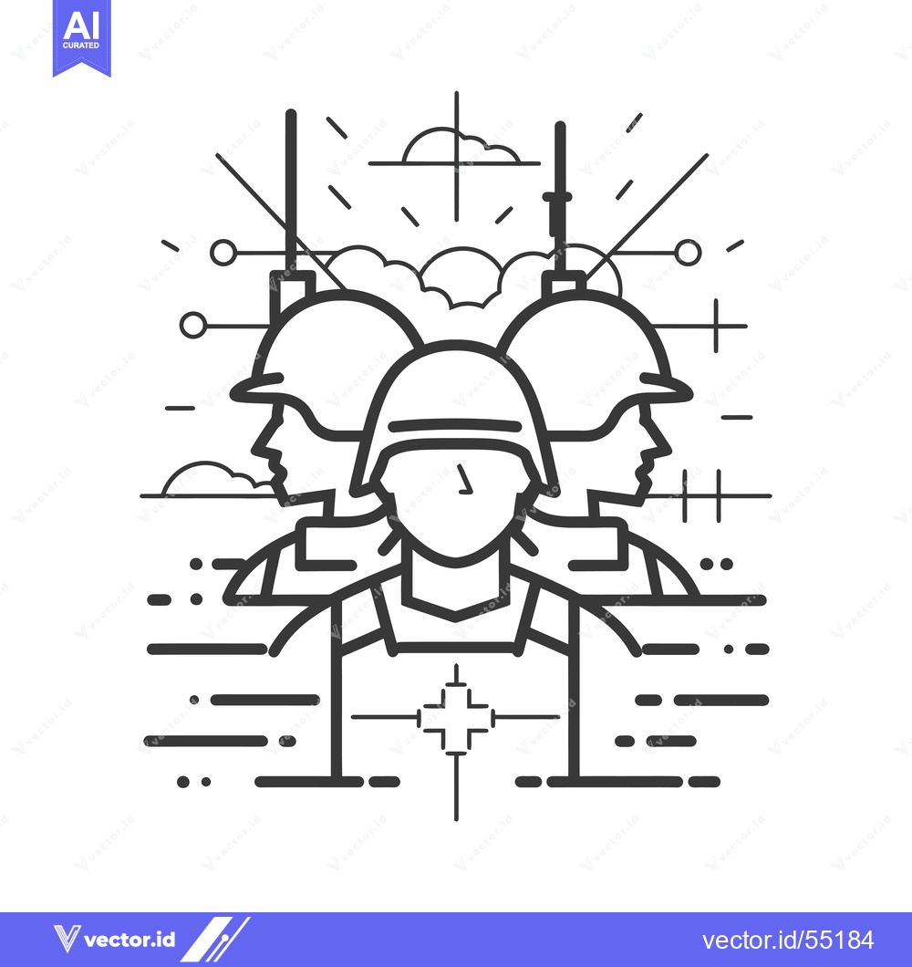 Premium Vector of Line art illustration of three soldiers with helmets and weapons in a