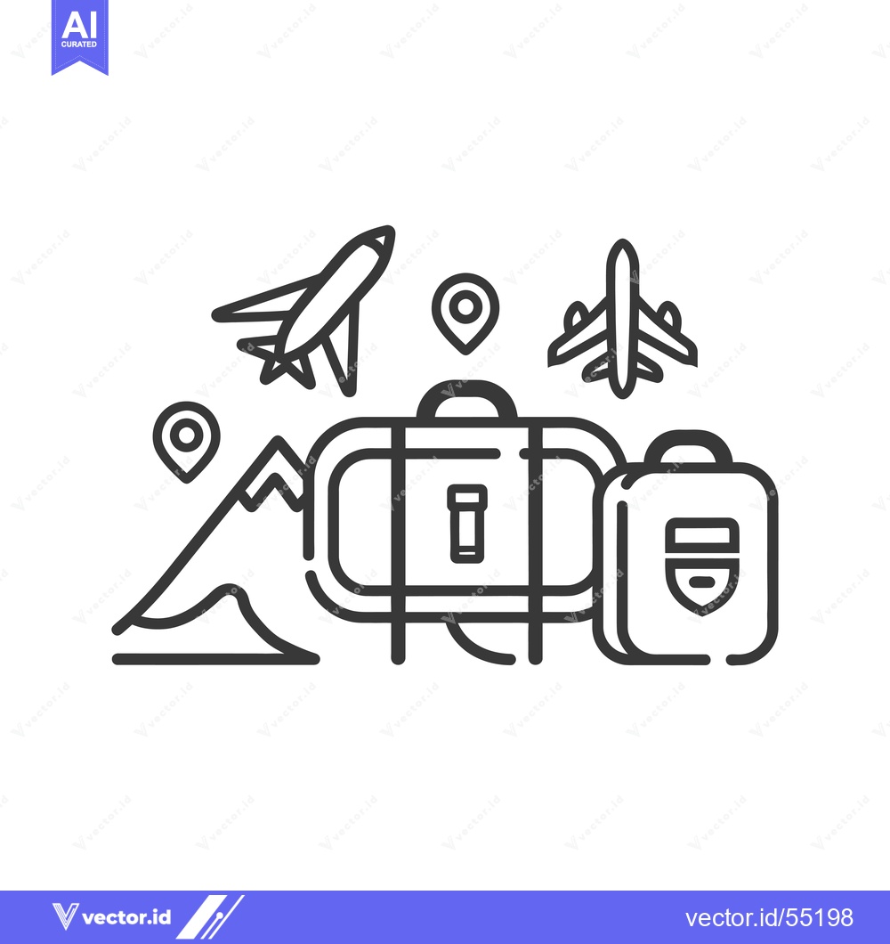 Premium Vector dari Line Art Illustration of Travel Essentials with Suitcases, Airplanes,