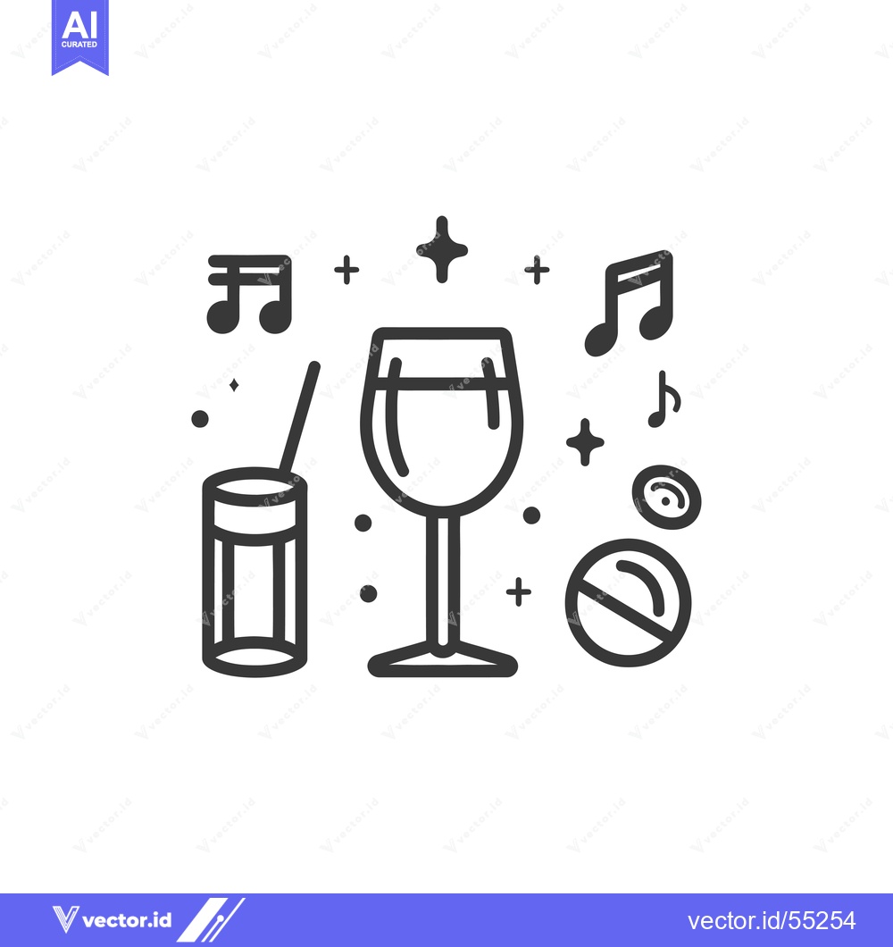 Premium Vector dari Line Art Illustration of Wine Glass, Cocktail, Music Notes, and Plus S