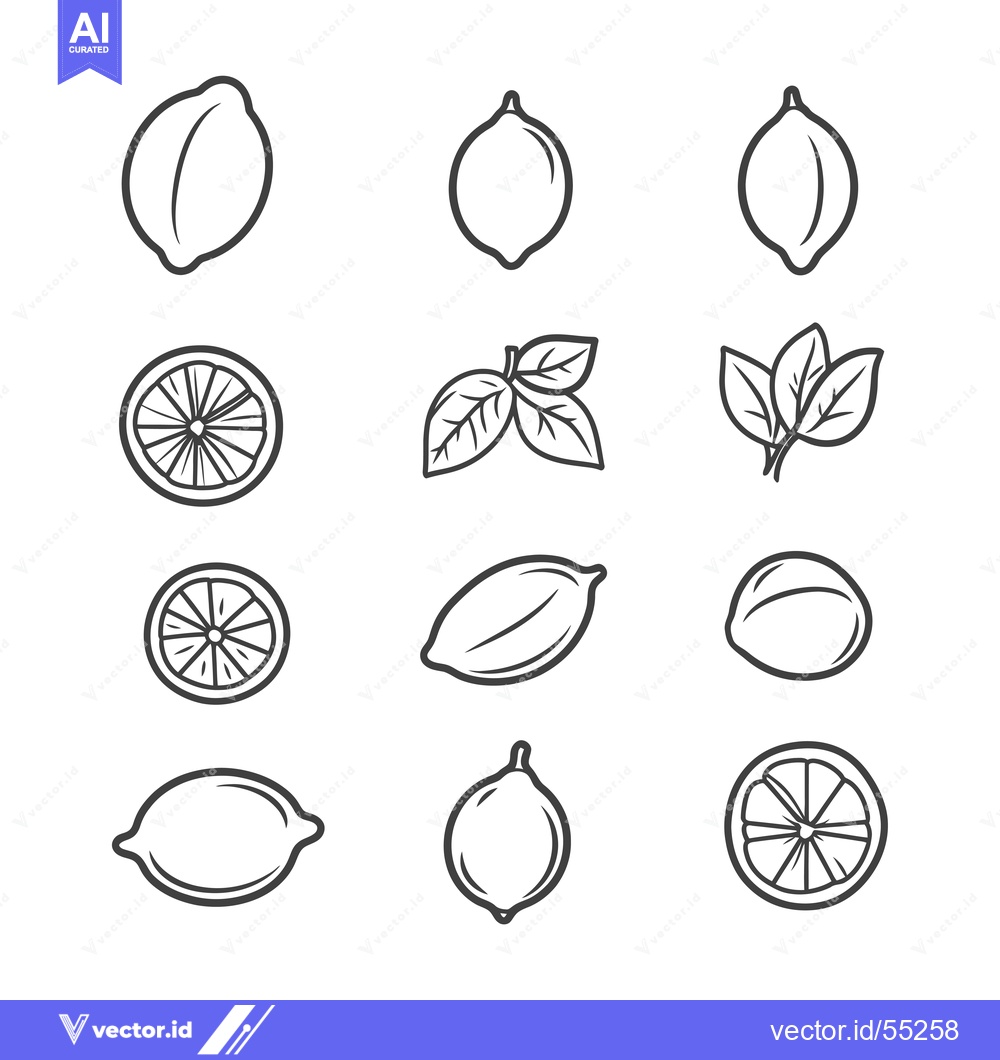 Premium Vector dari Line Art Illustration Set of Lemons and Lemon Slices