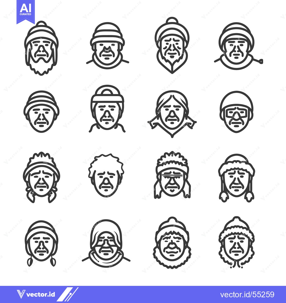 Premium Vector dari Line art illustrations of 16 unique male faces wearing winter hats and