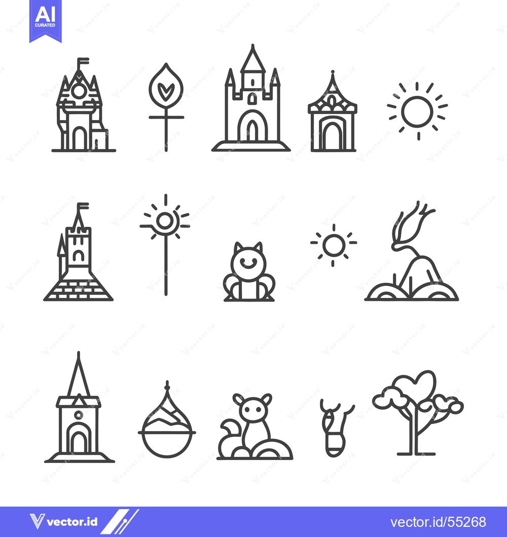 Premium Vector dari Line Art Illustrations of Castles, Sun, Animals, and Plants
