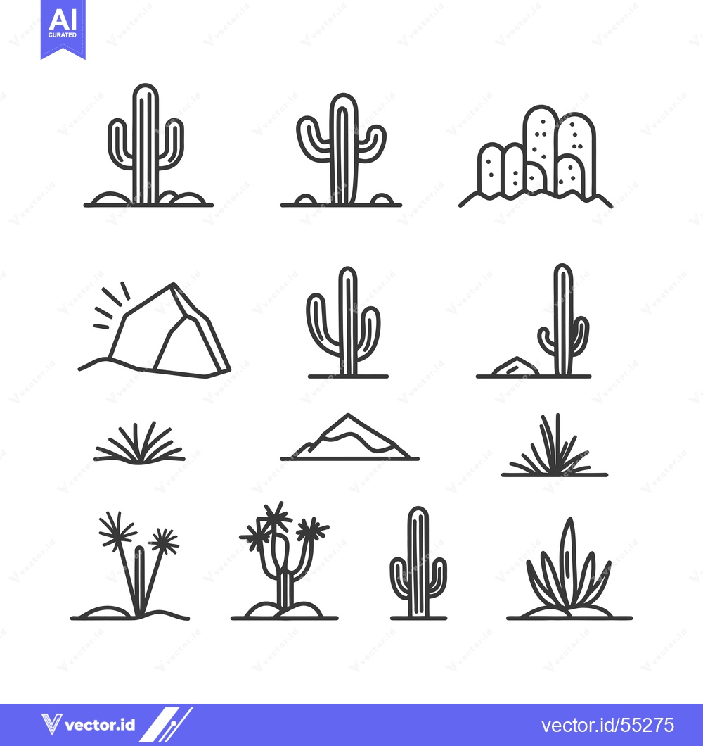 Premium Vector of Line Art Illustrations of Desert Plants and Landscapes