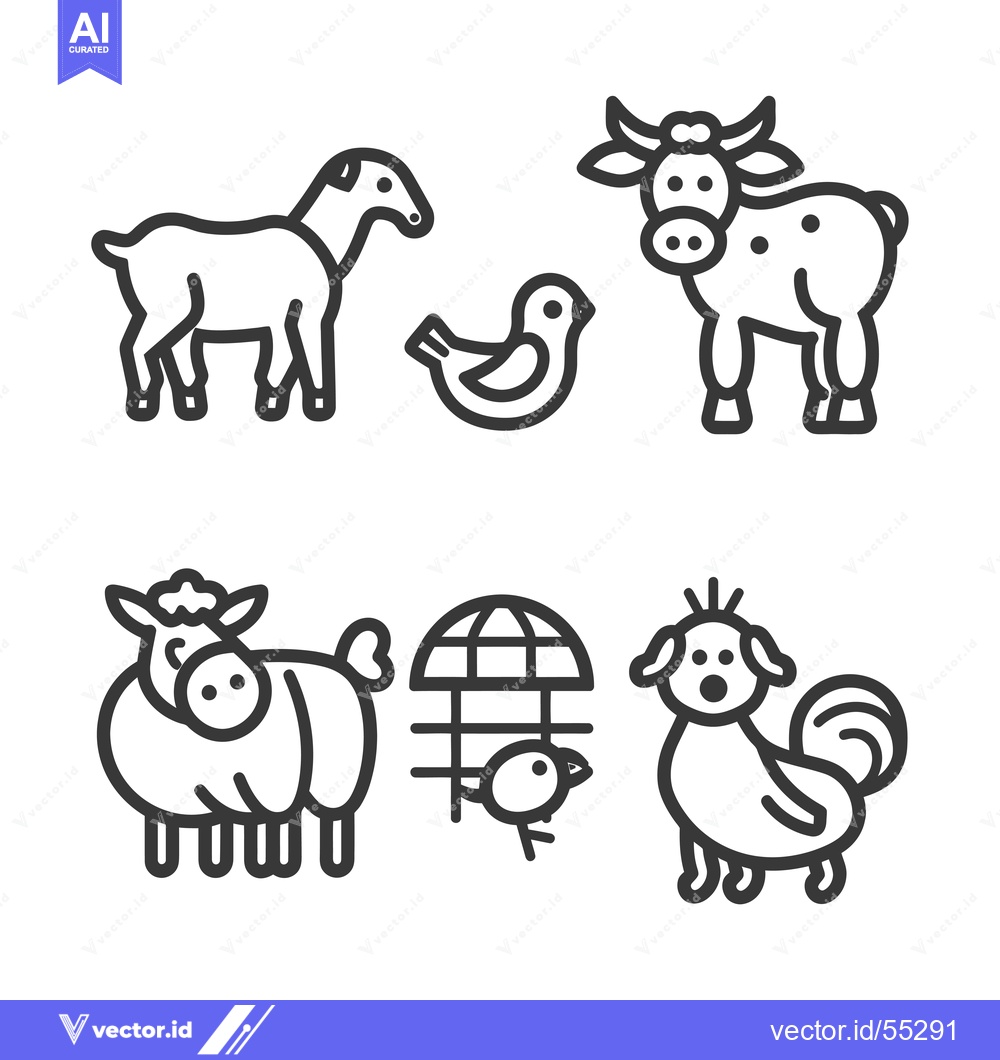 Premium Vector of Line Art Illustrations of Farm Animals and a Bird