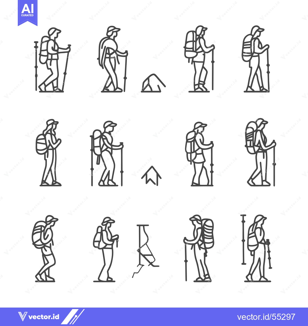 Premium Vector of Line Art Illustrations of Hikers with Backpacks and Trekking Poles