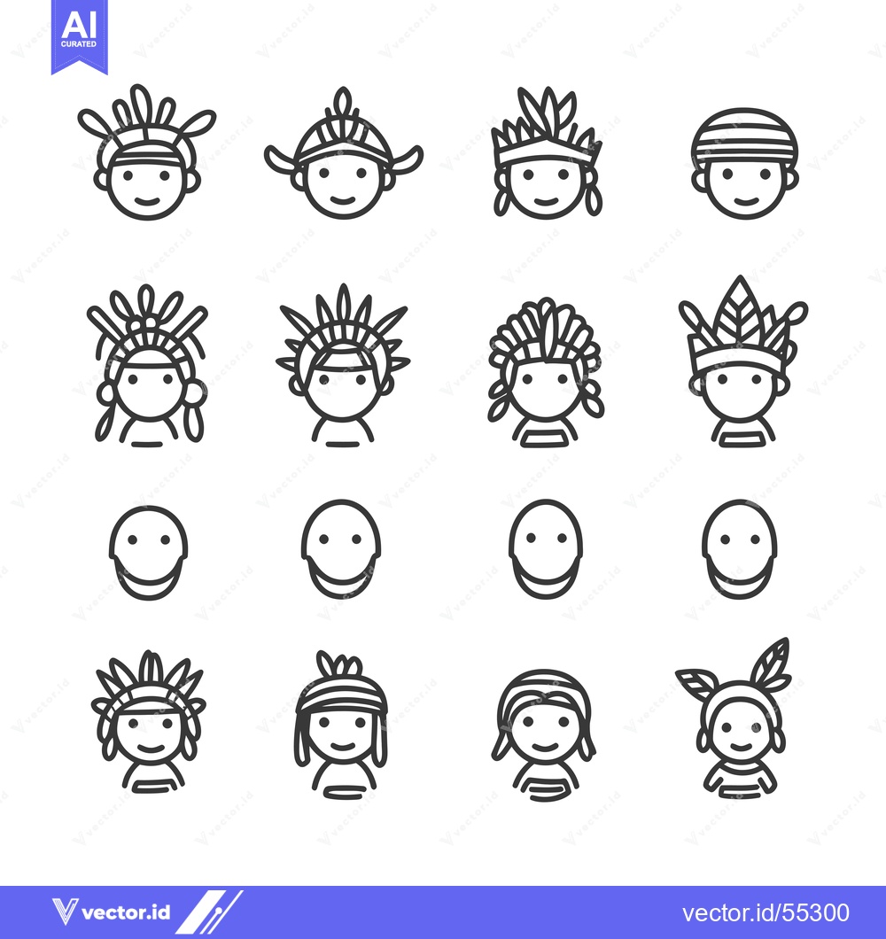 Premium Vector dari Line Art Illustrations of Indigenous People with Various Headwear
