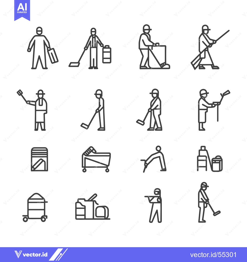 Premium Vector of Line Art Illustrations of Janitorial and Cleaning Staff with Equipment
