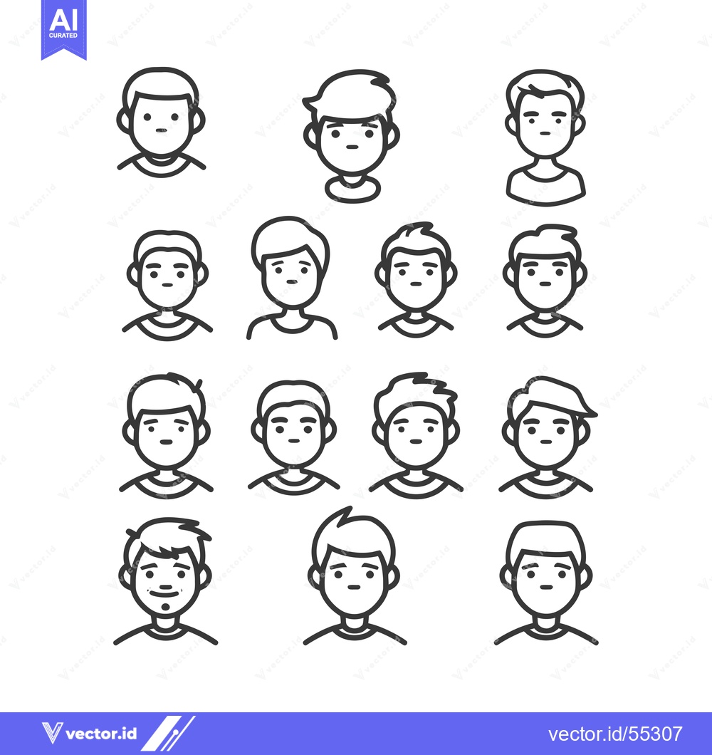 Premium Vector of Line Art Illustrations of Male Faces with Different Hairstyles