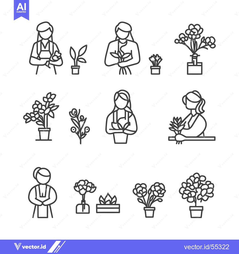 Premium Vector dari Line Art Illustrations of People Caring for Potted Plants