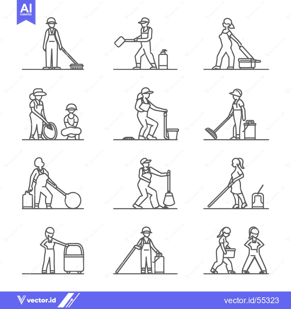Premium Vector dari Line Art Illustrations of People Cleaning with Various Tools