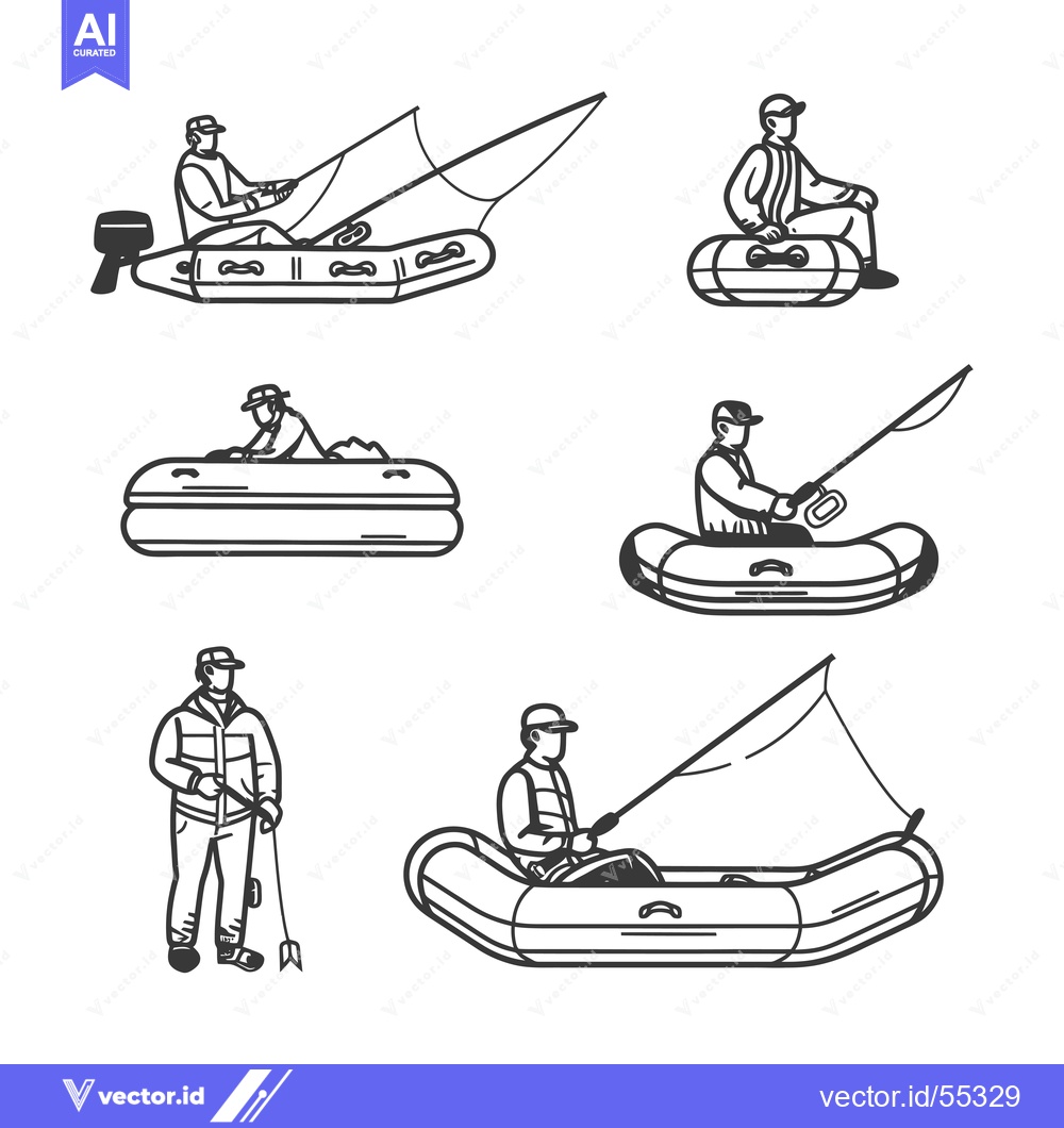 Premium Vector dari Line Art Illustrations of People Fishing From Inflatable Boats