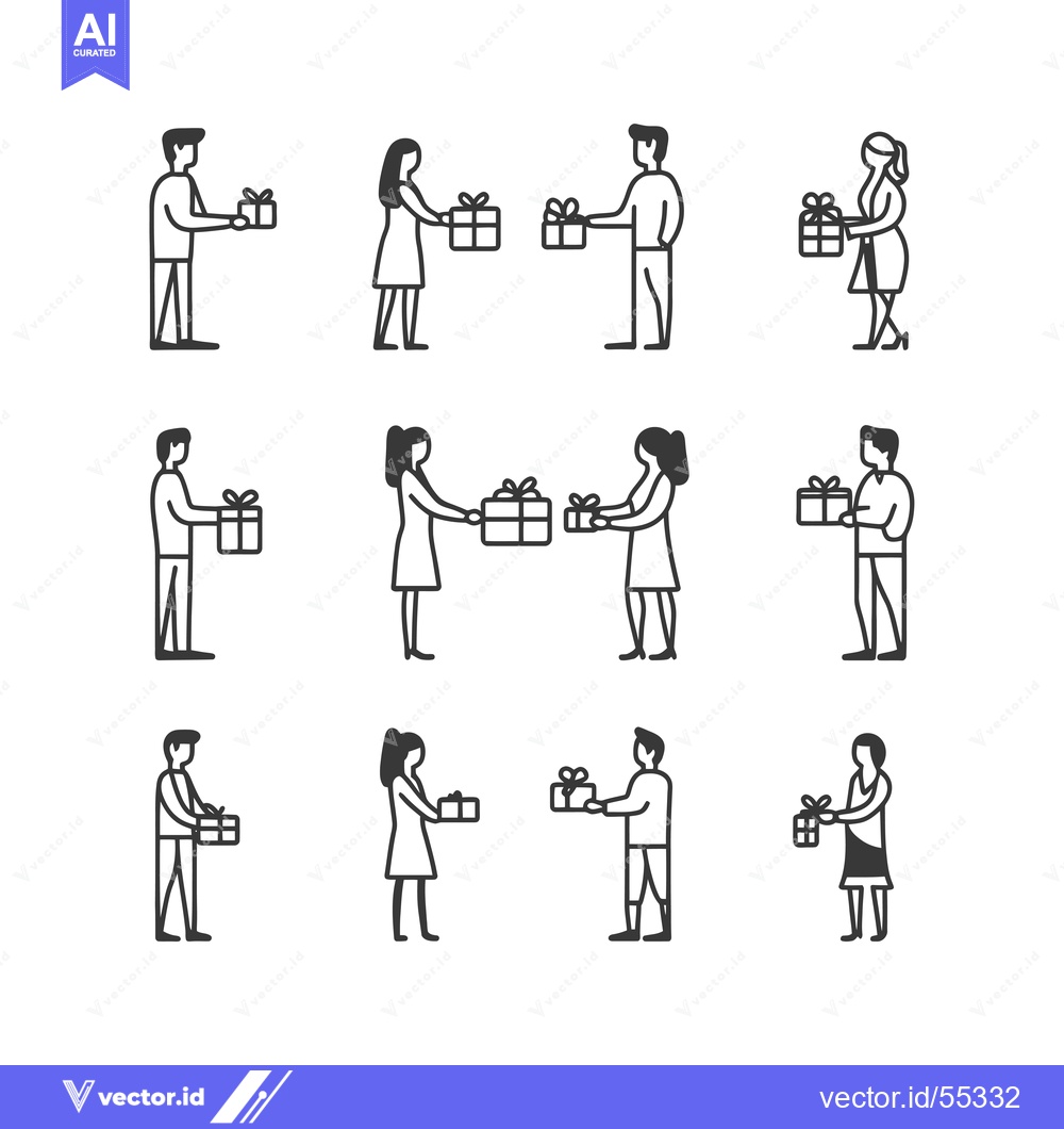 Premium Vector of Line Art Illustrations of People Giving Gifts