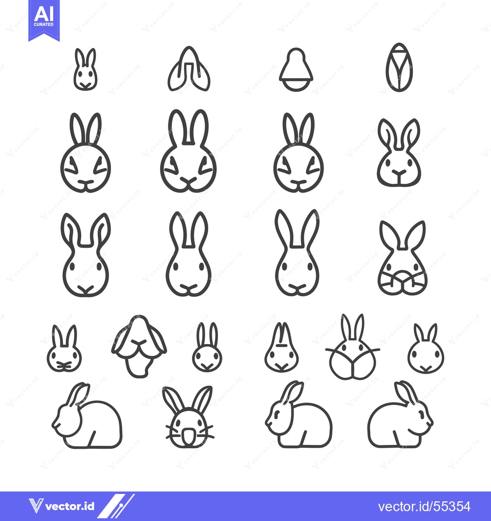 Premium Vector of Line art illustrations of rabbits in various poses, including a full b