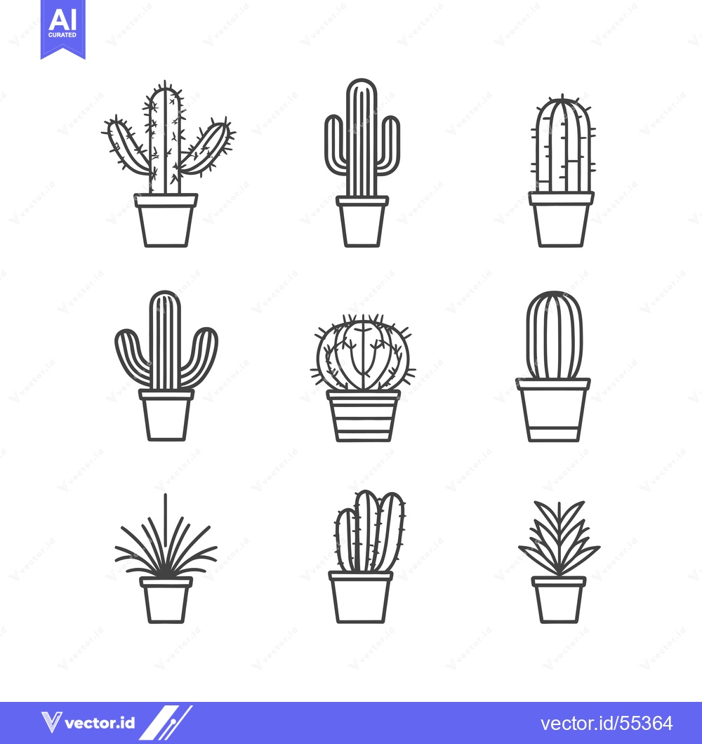 Premium Vector of Line Art Illustrations of Various Cactus and Succulents in Pots