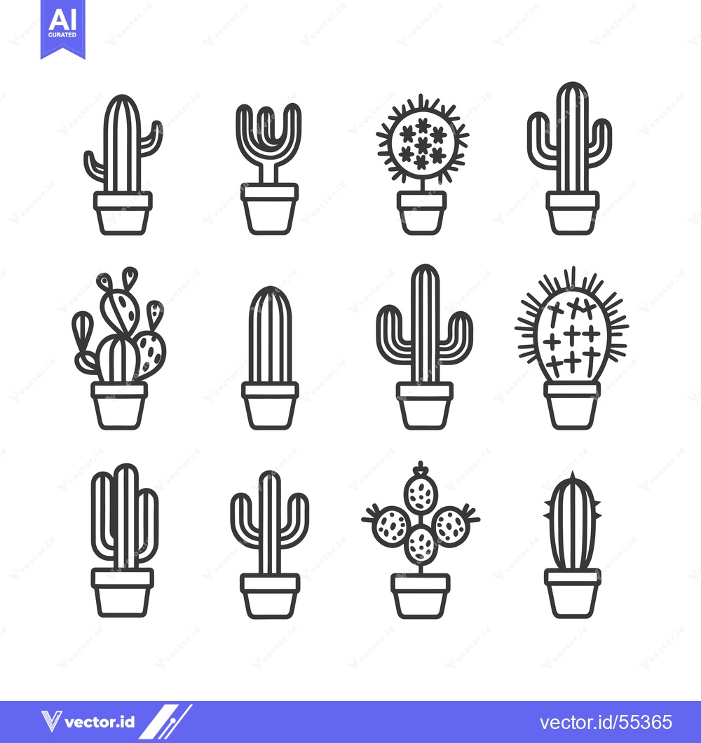 Premium Vector of Line Art Illustrations of Various Cactus Species in Pots
