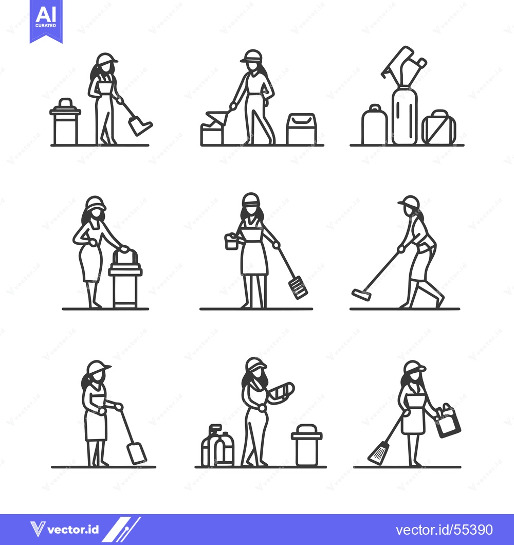 Premium Vector of Line Art Illustrations of Women Performing Cleaning Tasks