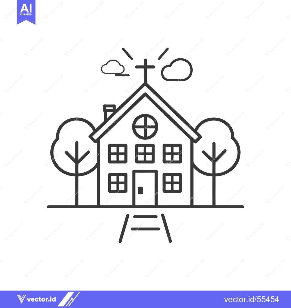 Premium Vector dari Line Drawing Illustration of a Church with Trees and Steps