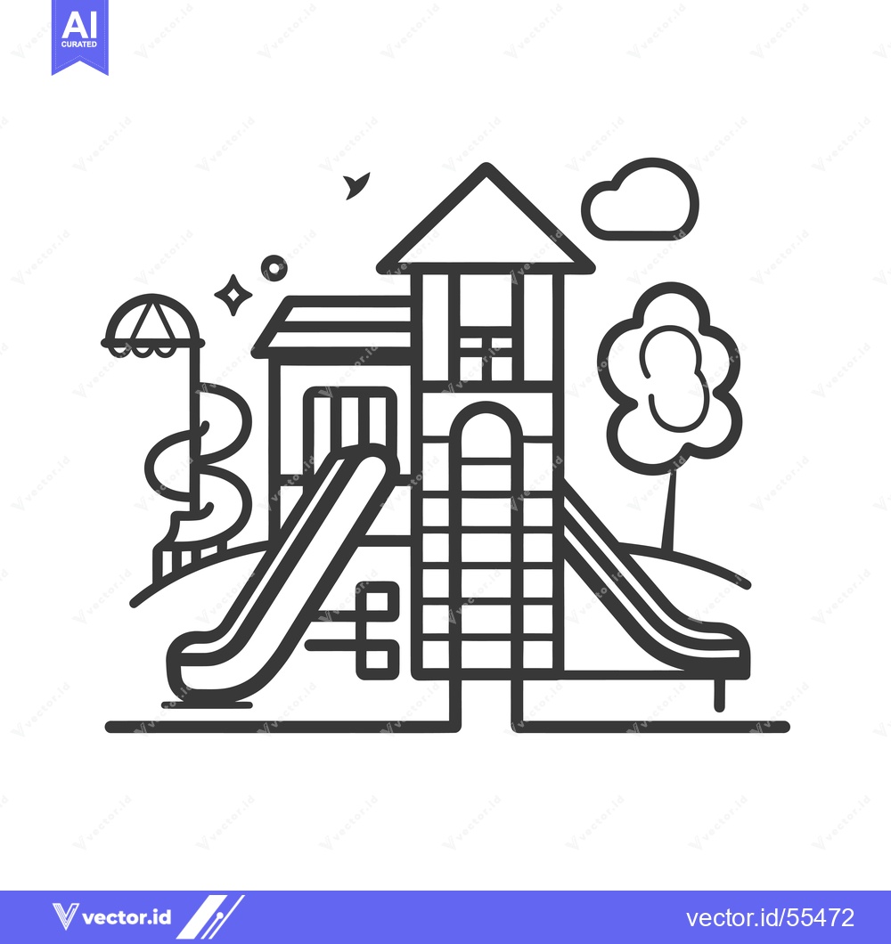Premium Vector of Line drawing illustration of a playground with a slide, a tower, a tre