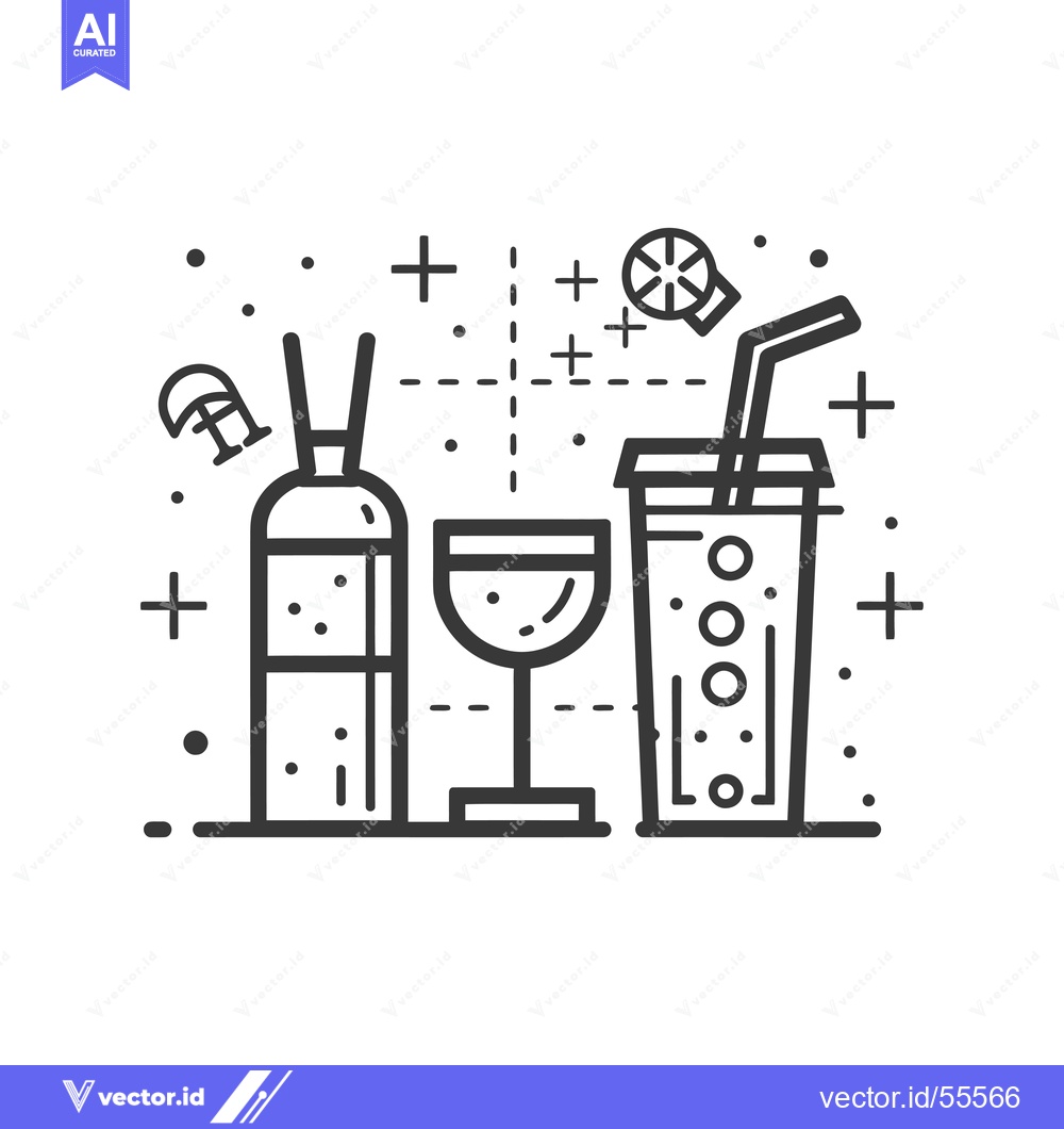 Premium Vector dari Line Drawing of a Bottle, Glass, and Cup with a Straw