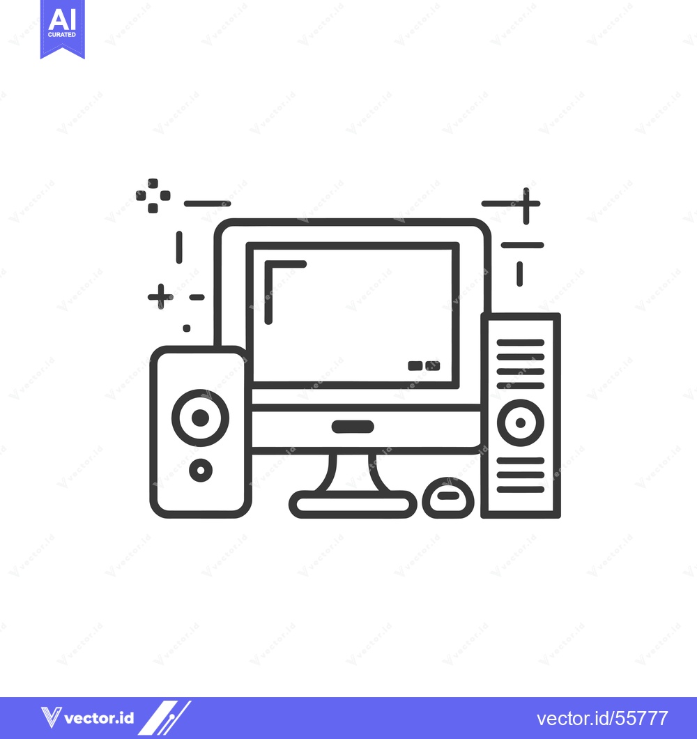 Premium Vector of Line Drawing of a Desktop Computer with Monitor, Speakers, and Mouse