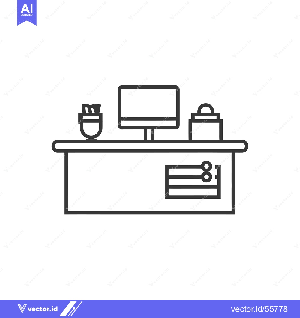 Premium Vector dari Line drawing of a desktop with a computer monitor, a vase, and a stack