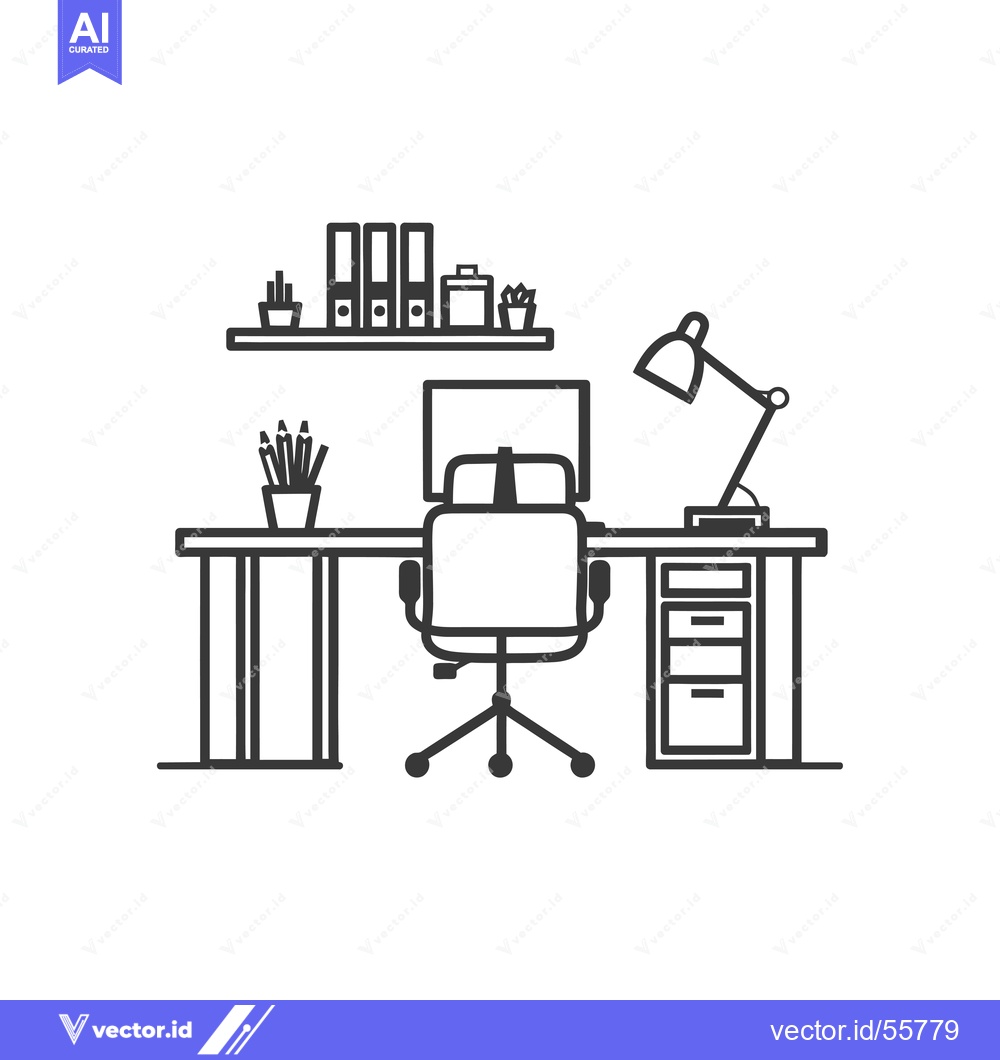 Premium Vector of Line drawing of a desk with a chair, lamp, and plants