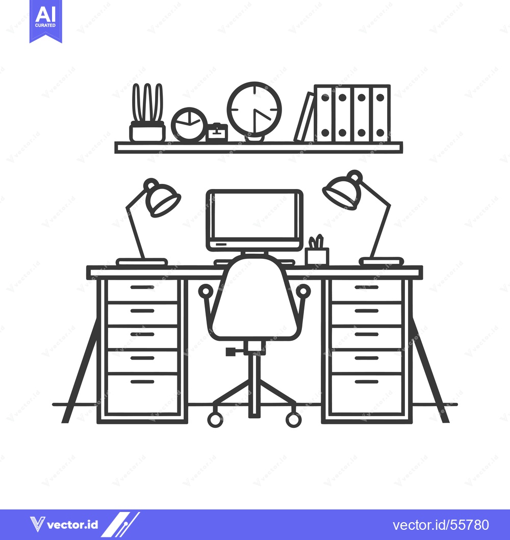 Premium Vector of Line Drawing of a Desk with a Computer, Chair, and Office Supplies