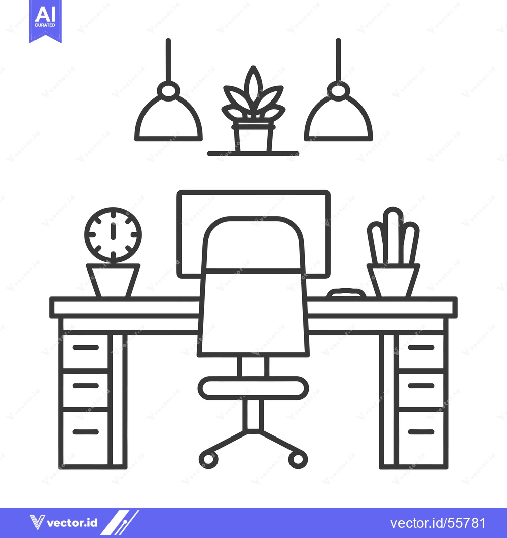 Premium Vector of Line Drawing of a Desk with a Computer, Chair, and Plants