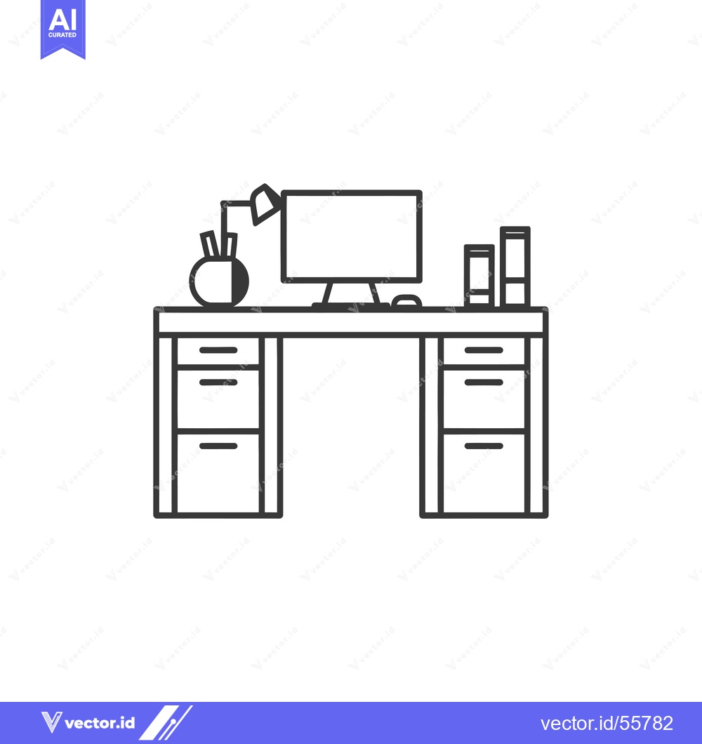 Premium Vector of Line Drawing of a Desk with a Computer, Lamp, and Filing Cabinet