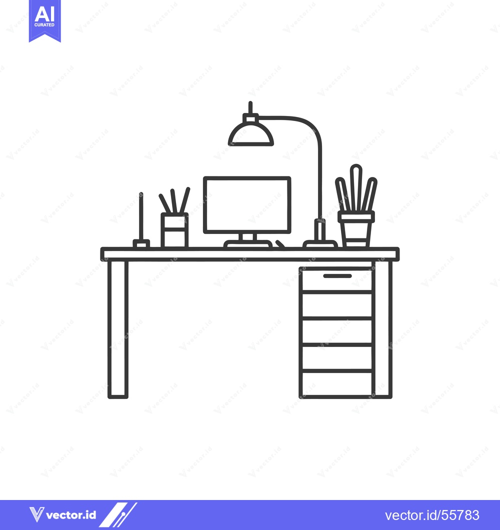 Premium Vector dari Line Drawing of a Desk with a Computer, Lamp, and Plants