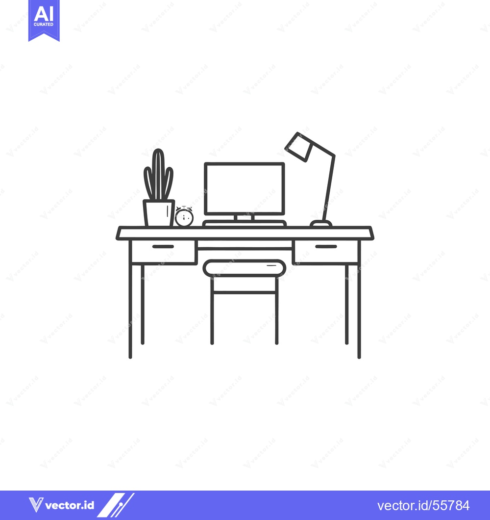Premium Vector of Line Drawing of a Desk with a Computer, Lamp, Plant, and Chair