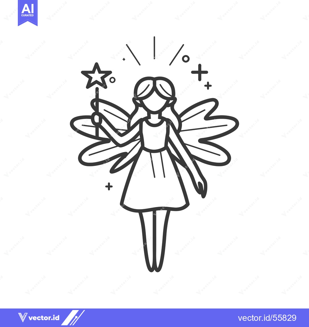 Premium Vector dari Line Drawing of a Fairy with Wings Holding a Magic Wand