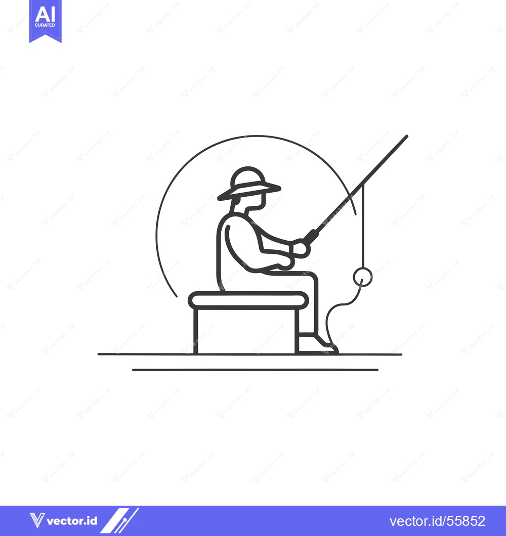 Premium Vector of Line Drawing of a Fisherman Sitting on a Bench, Holding a Fishing Rod