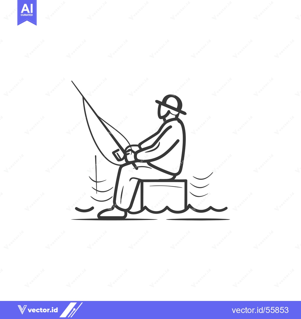 Premium Vector dari Line drawing of a fisherman sitting on a platform by the water