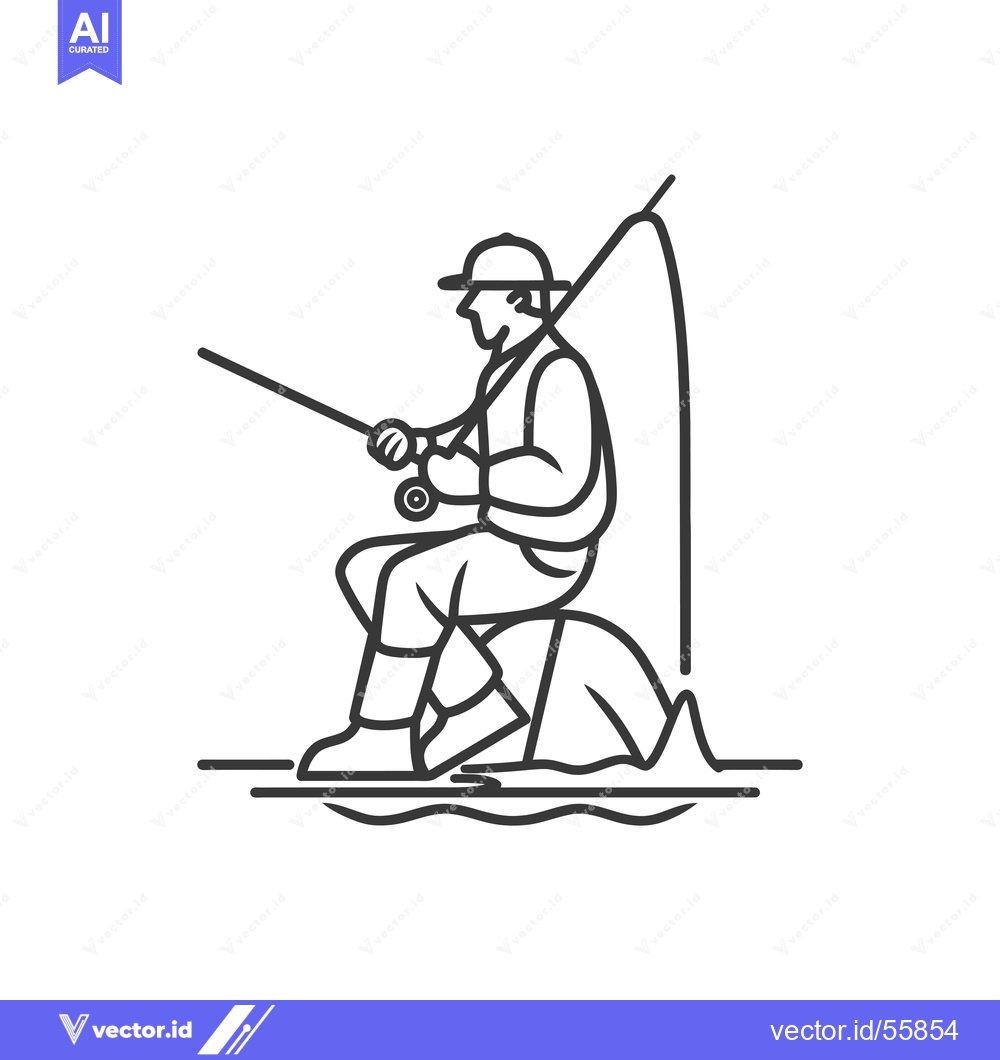 Premium Vector dari Line Drawing of a Fisherman Sitting on a Rock by the Water