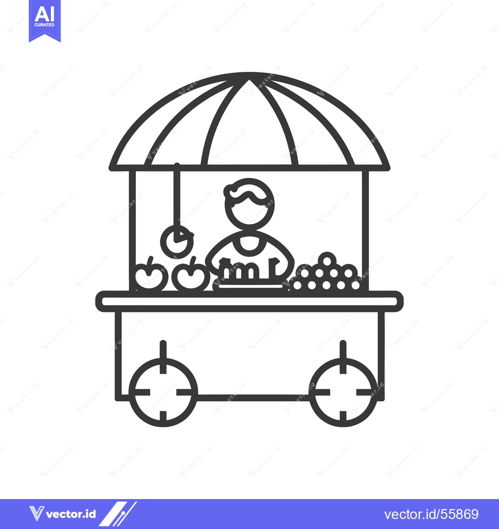 Premium Vector dari Line drawing of a fruit vendor's cart with an umbrella and produce