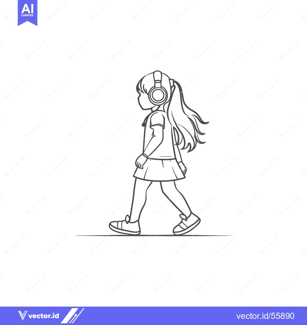 Premium Vector of Line drawing of a girl walking while listening to music