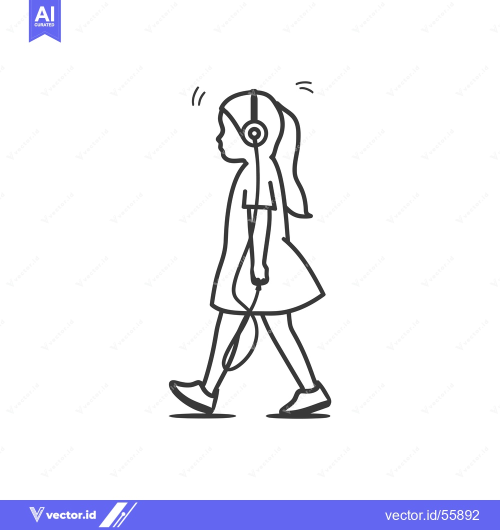 Premium Vector dari Line drawing of a girl walking with headphones on