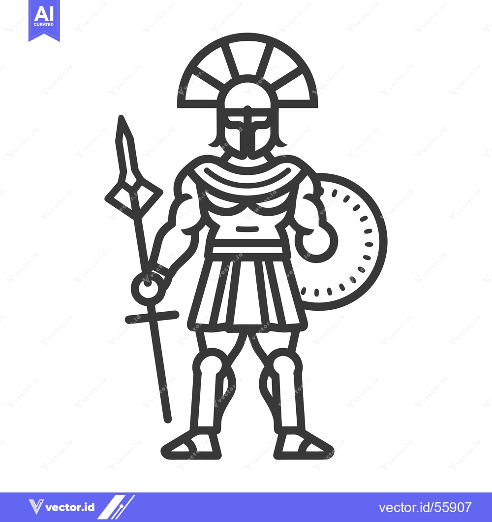 Premium Vector of Line Drawing of a Greek Warrior with Spear and Shield