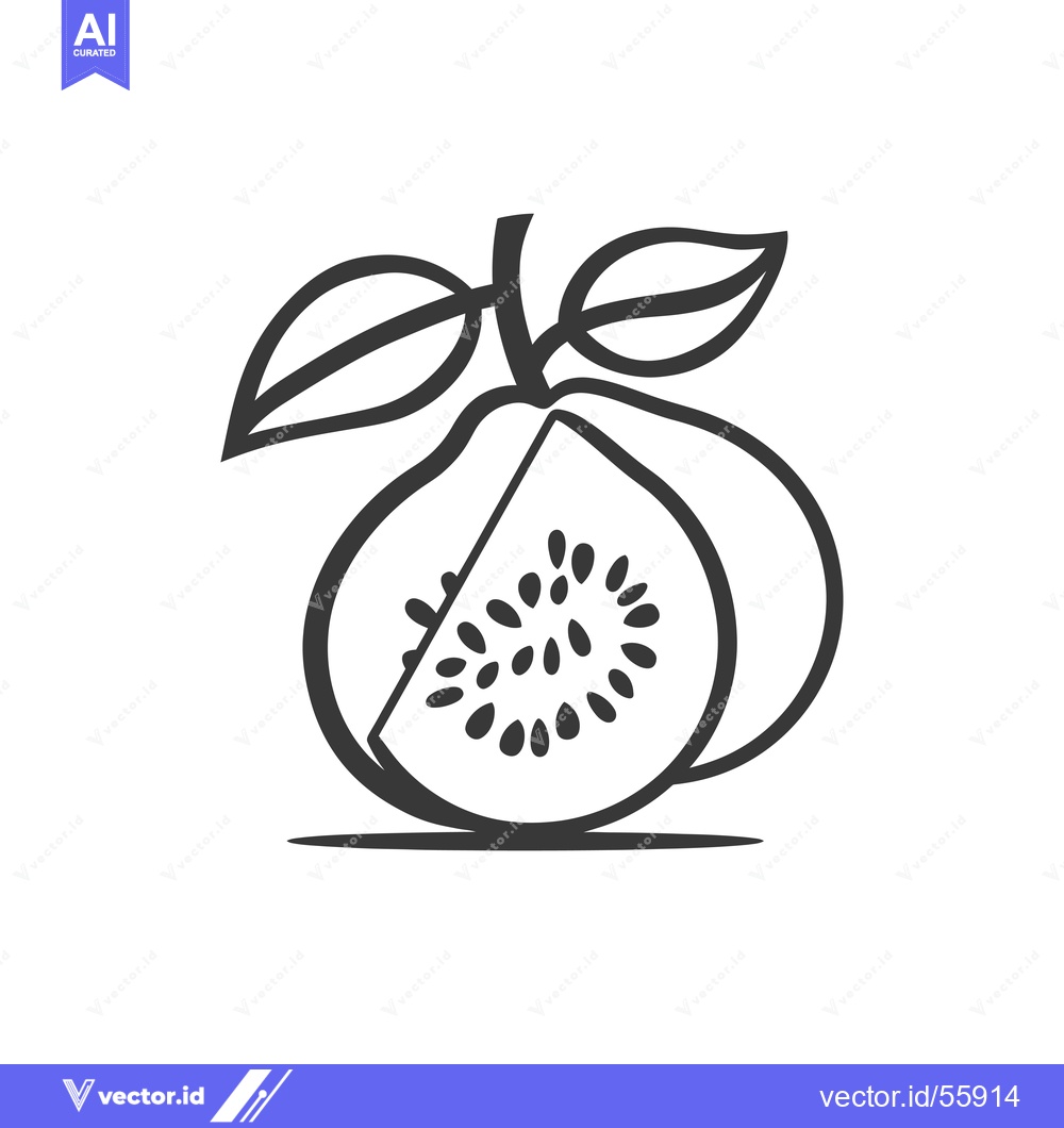 Premium Vector dari Line Drawing of a Guava Fruit with Leaves