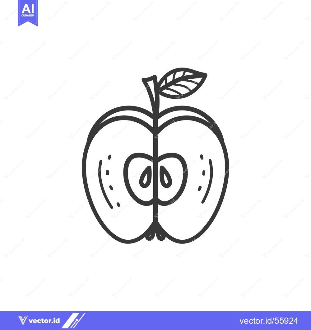 Premium Vector dari Line Drawing of a Halved Apple with Seeds and Leaf