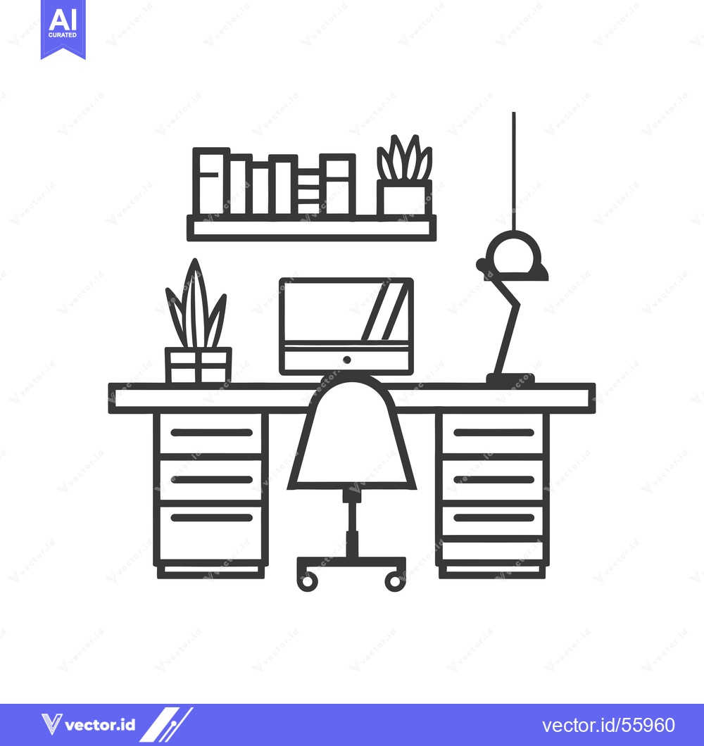 Premium Vector dari Line Drawing of a Home Office Desk with a Computer, Chair, Lamp, and P