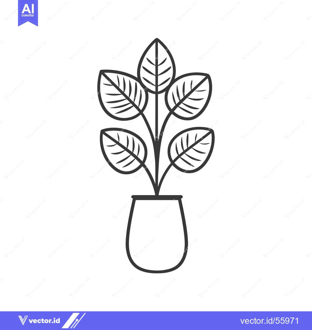 Premium Vector of Line Drawing of a Houseplant with Five Leaves in a Pot