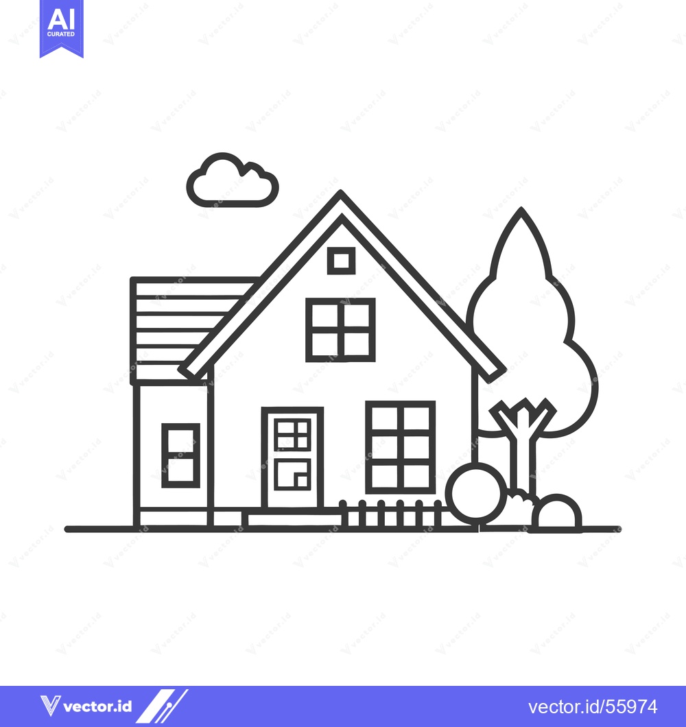 Premium Vector dari Line Drawing of a House with a Tree and a Cloud