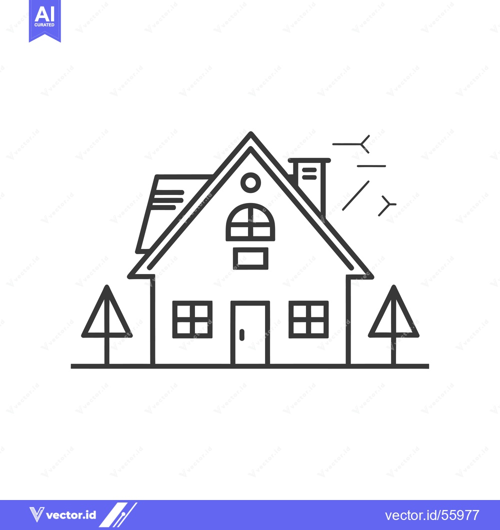 Premium Vector dari Line Drawing of a House with Two Trees and a Chimney