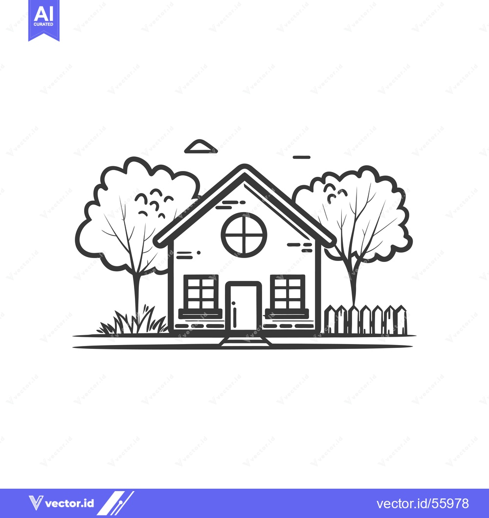 Premium Vector dari Line Drawing of a House with Two Trees and a Fence