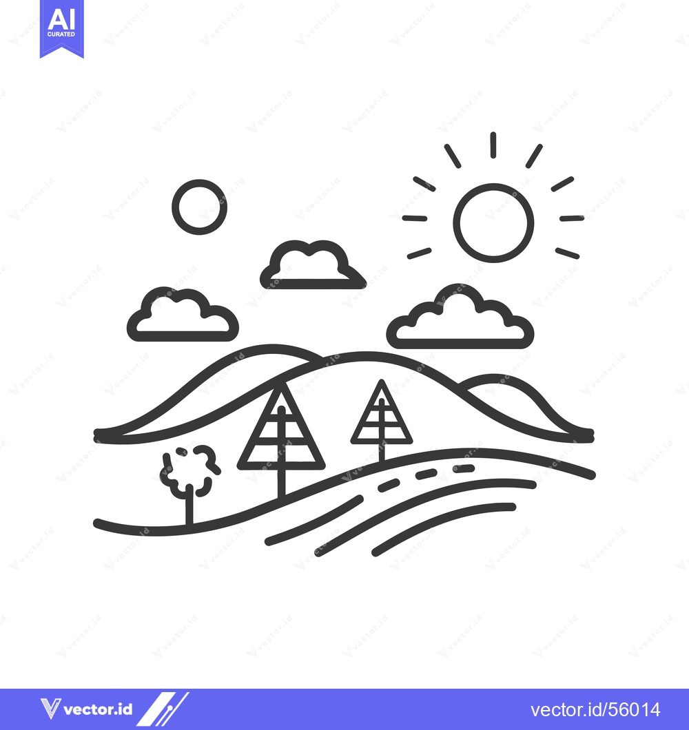 Premium Vector dari Line drawing of a landscape with hills, trees, clouds and sun