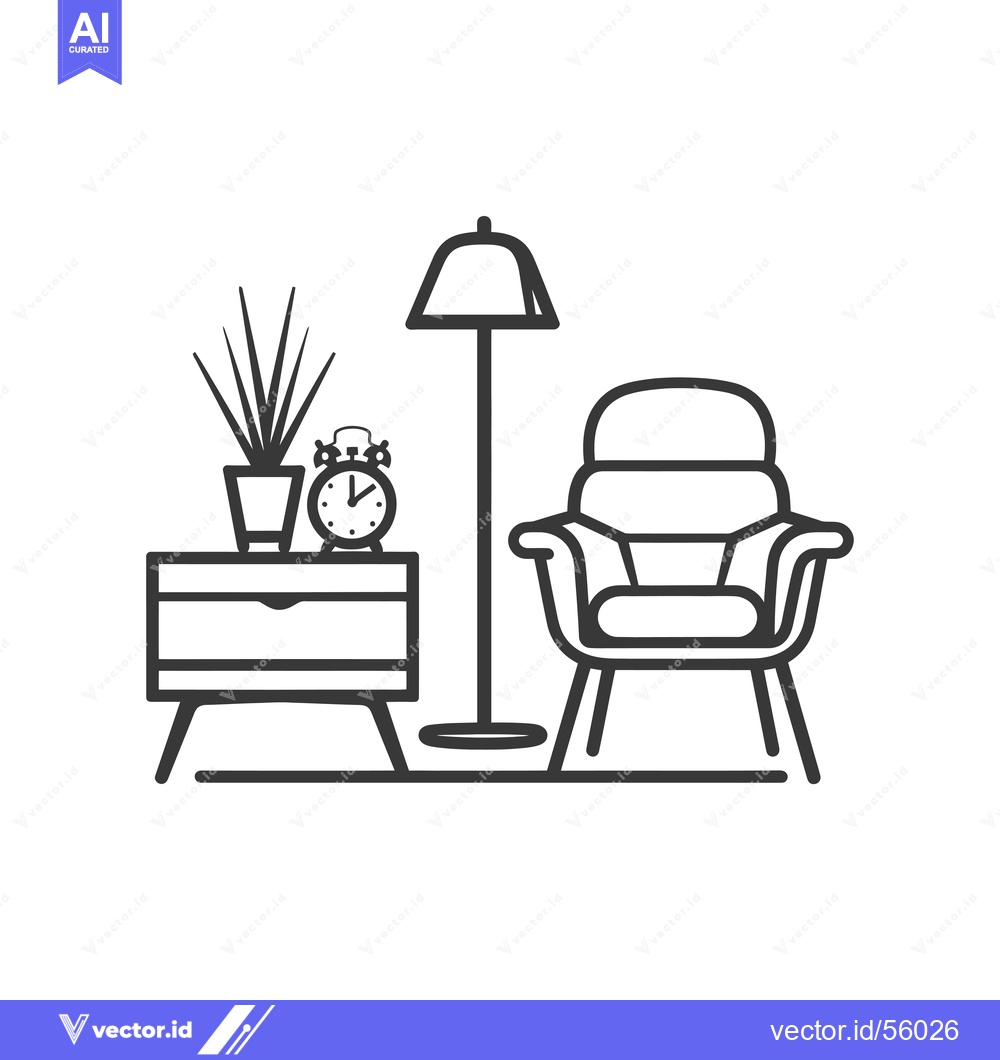 Premium Vector dari Line Drawing of a Living Room with a Chair, Lamp, Nightstand and a Pla