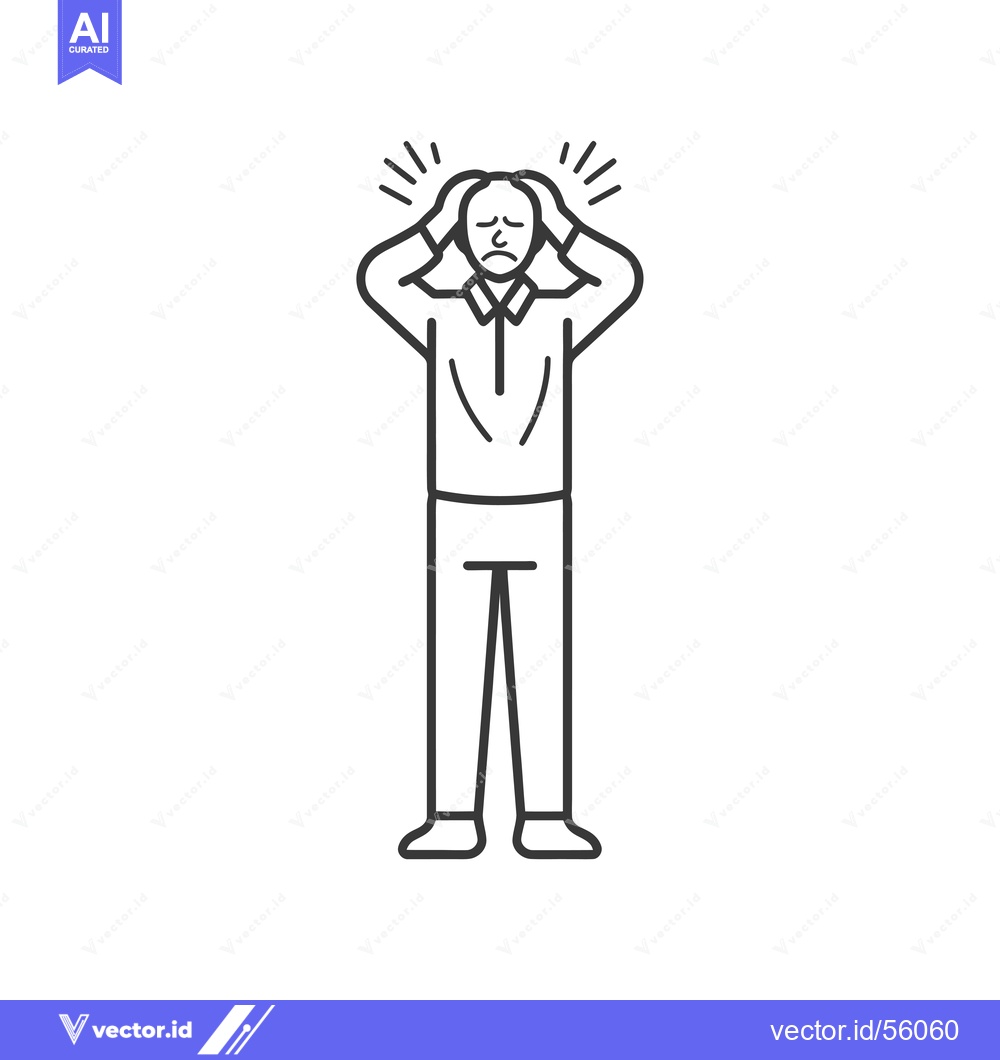 Premium Vector dari Line drawing of a man holding his head in his hands, with a sad expres