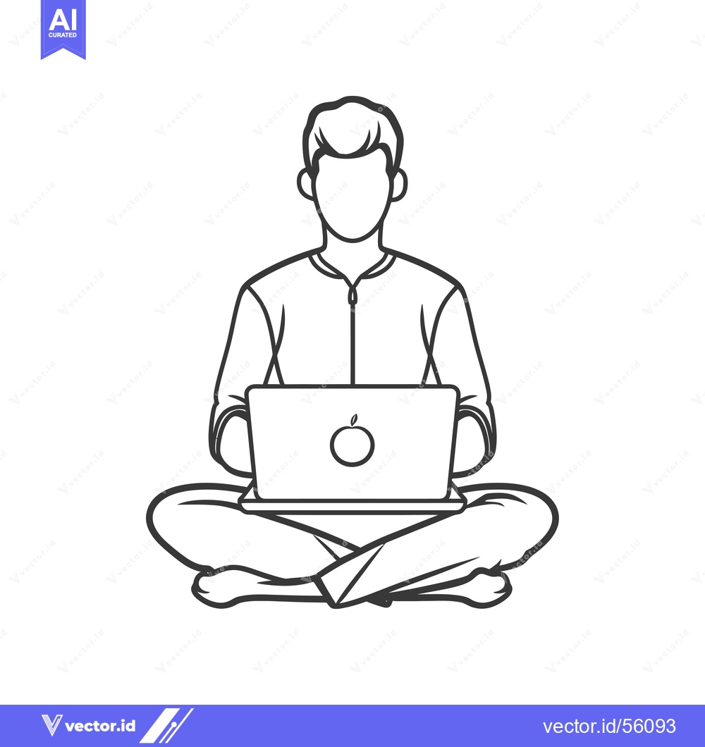 Premium Vector dari Line Drawing of a Man Sitting in Lotus Pose with a Laptop
